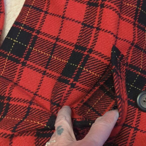 Merona Ladies XXL Red Black Lined Tartan Plaid Button Front Pea Coat Wool Jacket - Picture 3 of 6